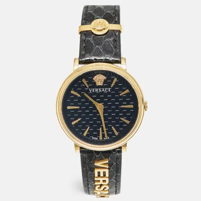 Pre-owned Versace V-circle Ve8101022 Black Dial Gold Tone Stainless Steel Leather Women's Wristwatch 38 Mm