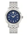 Versace Classic Date Quartz Watch With Blue Guilloche Dial In Silver