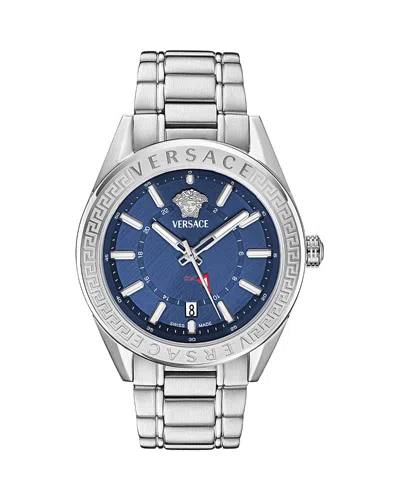 Versace V-code Gmt Watch, 42mm In Silver