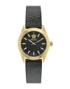 Versace 36mm V-code Watch With Calf Leather Strap, Yellow Gold/black In Gold