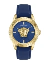 Versace V-code Strap Watch With Blue Guilloche Dial In Gold