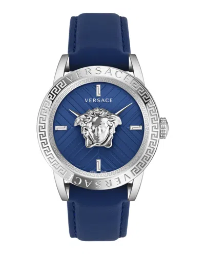 Versace V-code Strap Watch With Blue Guilloche Dial