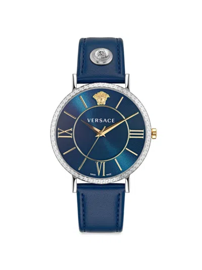 Versace V Eternal 44mm Stainless Steel & Leather Strap Watch In Sapphire