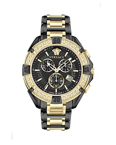 Versace Men's Swiss Chronograph V-greca Two-tone Stainless Steel Bracelet Watch 46mm In Black/two-tone