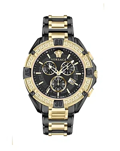 Versace Men's Swiss Chronograph V-greca Two-tone Stainless Steel Bracelet Watch 46mm In Two Tone