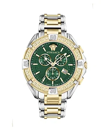 Versace Men's Swiss Chronograph V-greca Two-tone Stainless Steel Bracelet Watch 46mm In Green/two-tone