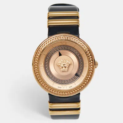 Pre-owned Versace V-metal Vlc030014 Champagne Dial Black Patent Leather Women's Wristwatch 40 Mm