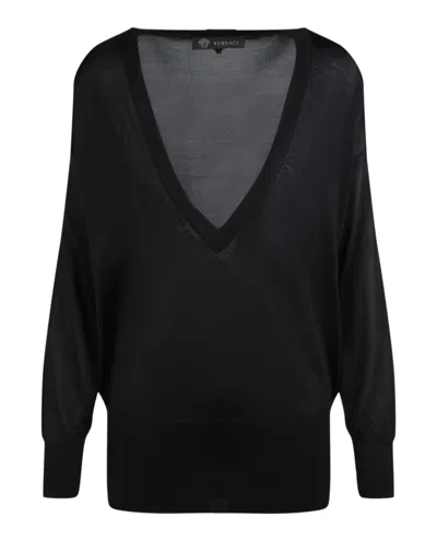 Versace V-neck Silk Sweater In Black