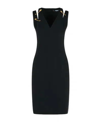 Versace Medusa Safety Pin Cutout Sleeveless Techno Cady Dress In Black