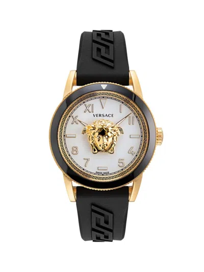 Versace V-palazzo 43mm Ip Goldtone Stainless Steel & Silicone Strap Watch In Black