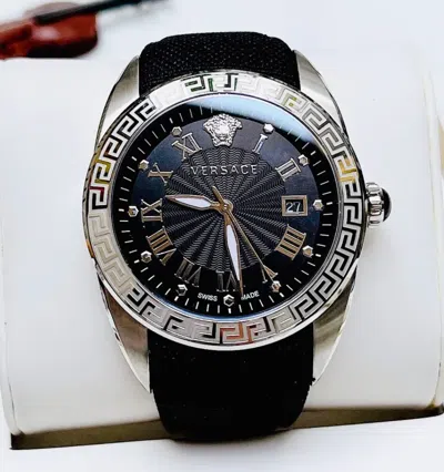 Pre-owned Versace V-sport Ii Black Dial Sapphire Black Leather Men's Watch Vfe030013