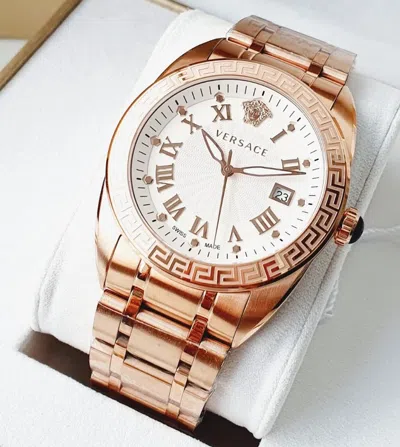 Pre-owned Versace V-sport Ii Vfe090013 Rose Gold Tone White Dial Sapphire Date Men's Watch