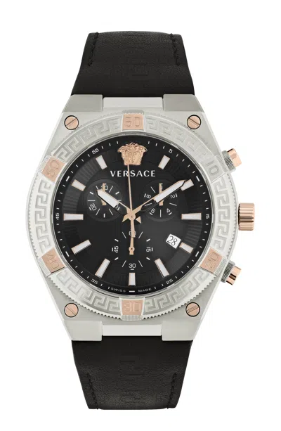 Versace Men's Swiss Chronograph V-sporty Greca Black Leather Strap Watch 46mm In Multi