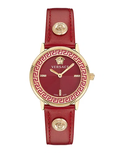 Versace V-tribute Watch With Red Leather Strap, Yellow Gold Ip