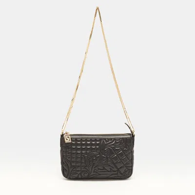 Pre-owned Versace Vanitas Chain Black Baroque Embossed Leather Shoulder Bag
