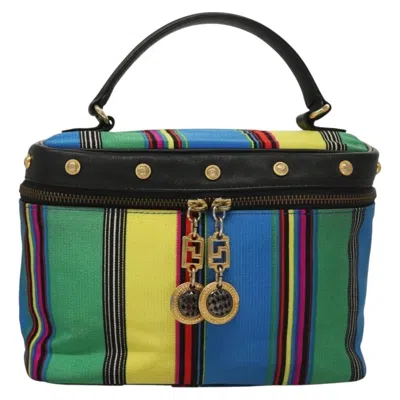 Pre-owned Versace Vanity Hand Bag Canvas And Leather Canvas Clutche & Pouche Bag () In Blue