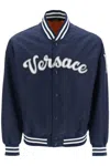 Versace Logo Embroidered Buttoned Jacket In Blue