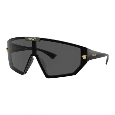 Pre-owned Versace Ve 4461 Gb1/87 Black Plastic Shield Sunglasses Grey Lens In Gray