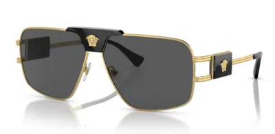 Pre-owned Versace Ve2251 100287 Dark Grey / Gold Rectangular Men's Sunglasses In Gray