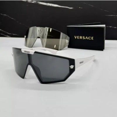 Pre-owned Versace Ve4461 314/87 White Interchangeable Black & Silver Shield Sunglasses In Gray