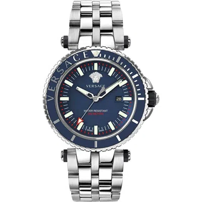 Pre-owned Versace Veak00418 V-race Diver Blue Silver Stainless Steel Men's Watch Swiss