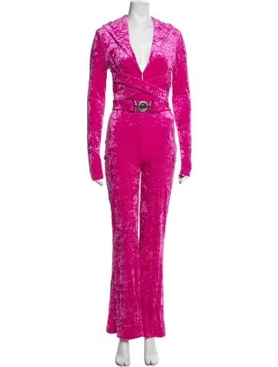 Pre-owned Versace Velour V-neck Jumpsuit In Pink