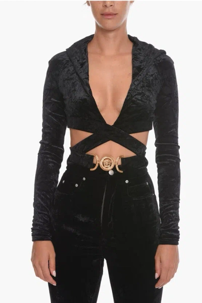 Versace Velvet Cropped Top With Crisscross Logoed Belt In Black
