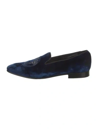 Pre-owned Versace Velvet Embroidered Accent Slippers In Blue