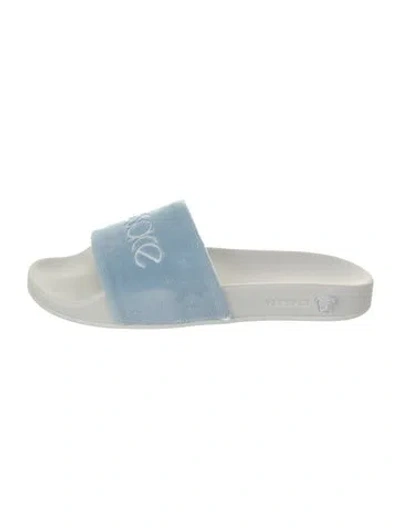 Pre-owned Versace Velvet Graphic Print Slides In Blue