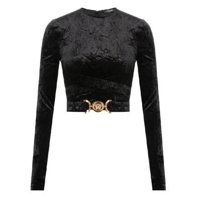 Versace Velvet Logo Plaque Crop Top In Black