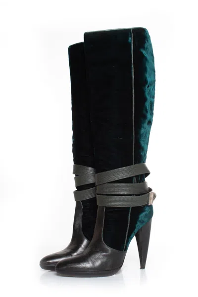 Versace Velvet Strap Boots In Green