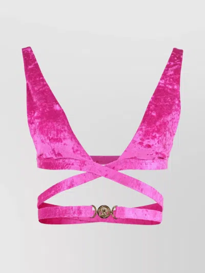 Versace Velvet Strappy Plunge Chenille Cropped Top In Pink