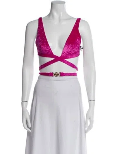Pre-owned Versace Velvet V-neck Crop Top In Pink