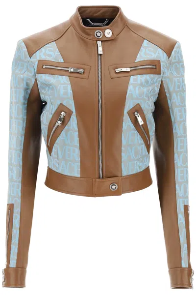 Versace Allover-jacquard Panelled Biker Jacket In Pale Blue Beige (brown)