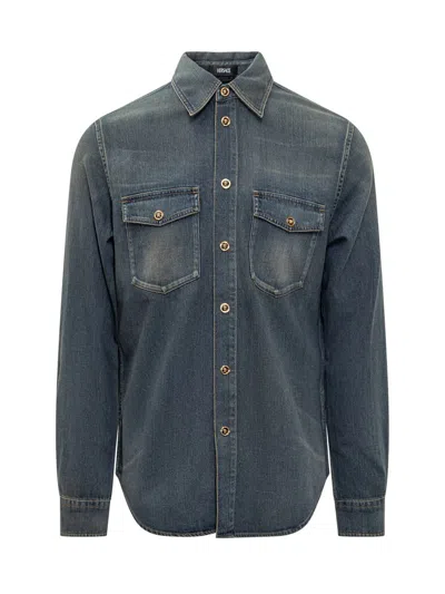 Versace Denim Shirt With Medusa Buttons In Blue