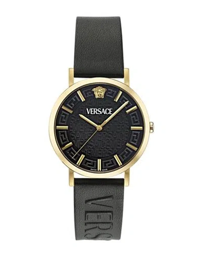 Versace Greca Slim Leather Watch In Black