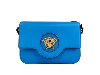 Versace La Medusa Blue Leather Shoulder Crossbody Bag Women's Purse In Gold