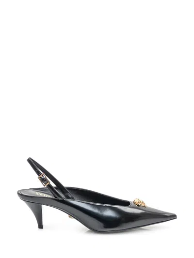 Versace Leather Slingback With Medium Heel In Black