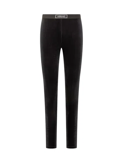 Versace Leggings In Black Velvet With Logo