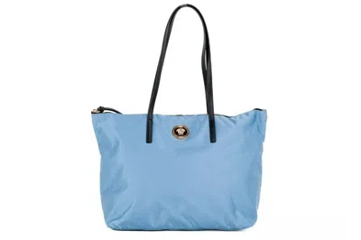 Versace Portuna Medusa Medium Cornflower Blue Nylon Leather Tote Bag Women's Purse In Gold