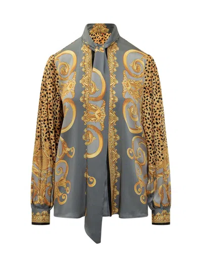 Versace Silk Shirt With Baroque Print In Multi