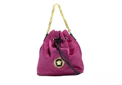 Versace Small Dahlia Nylon Medusa Pendant Bucket Chain Crossbody Bag Women's Purse In Gold