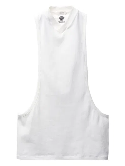 Versace Stretch Cotton Jersey Top With Logo Embroidery In White