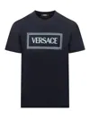 Versace Blue Crewneck T-shirt With 90's Logo Print In Blue