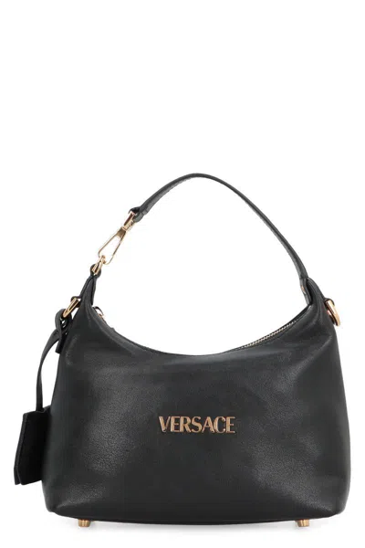 Versace Tag Hobo Bag In Leather With Embossed Logo In Black
