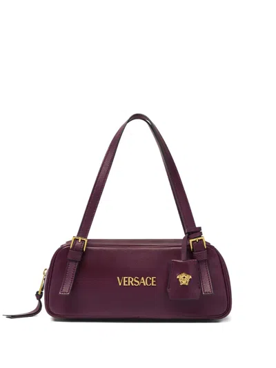 Versace Tag Leather Bowling Bag In Red