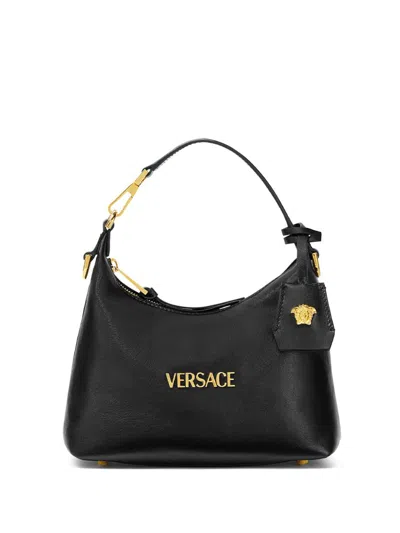 Versace Tag Leather Hobo Bag In Black