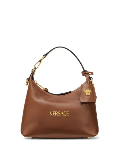 Versace Tag Leather Hobo Bag In Brown