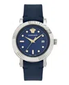 Versace V-classic Leather Watch With Blue Guilloche Dial In Blue