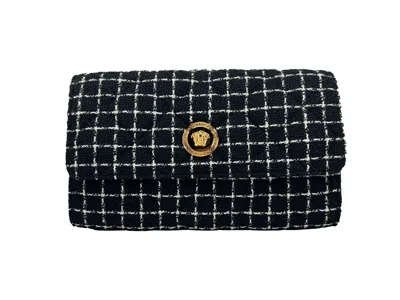 Versace Wallet On A Chain Fabric Black Crossbody Women's Bag In Gold